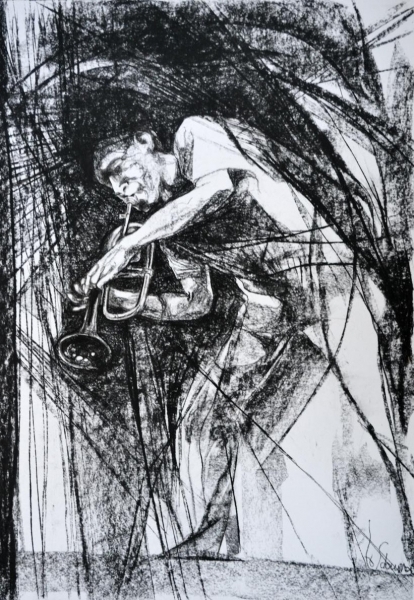 trompettist houtskool tekening